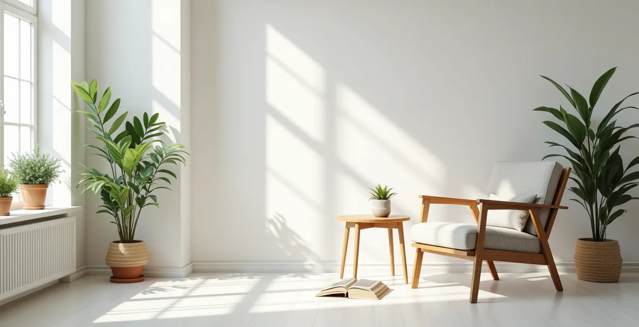 Vue large d'un coin lecture épuré avec plantes et lumière naturelle