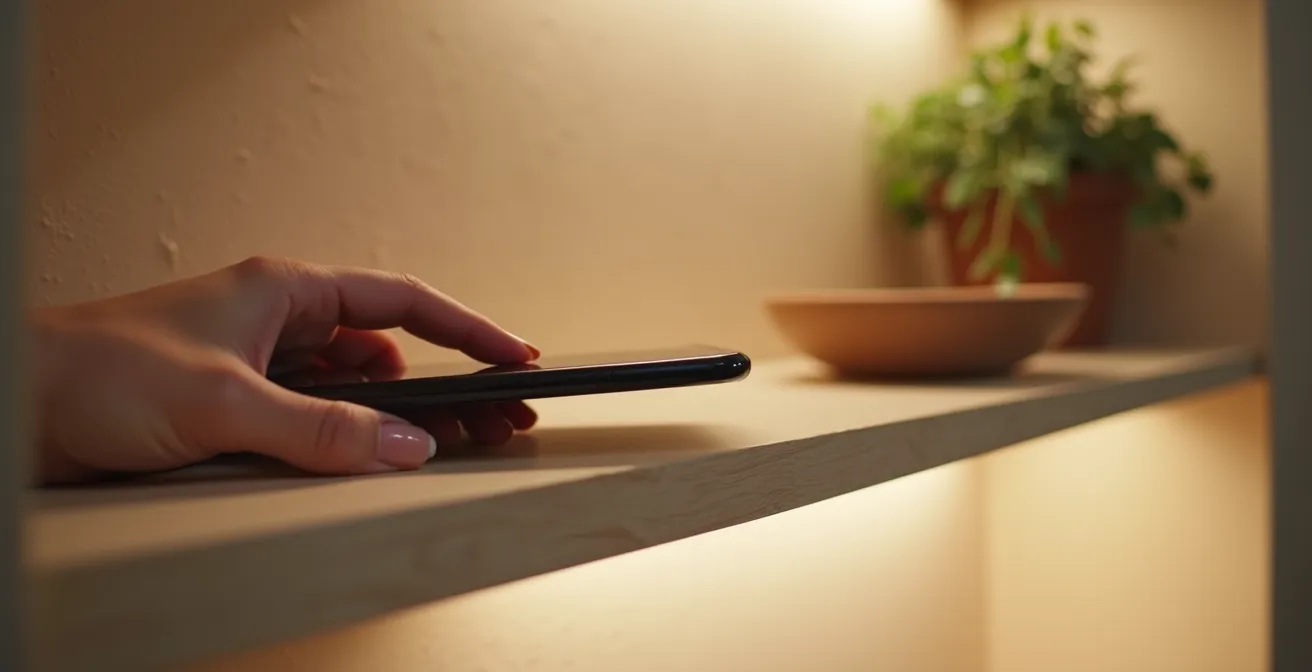 Main posant délicatement un téléphone face cachée sur une étagère éloignée