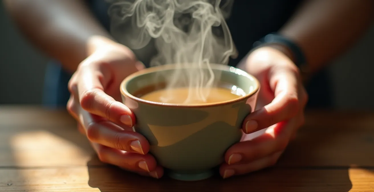 Détail macro d'une main tenant une tasse de thé avec vapeur montante
